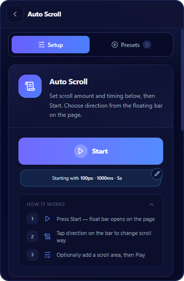 Auto Scroll Setup screen